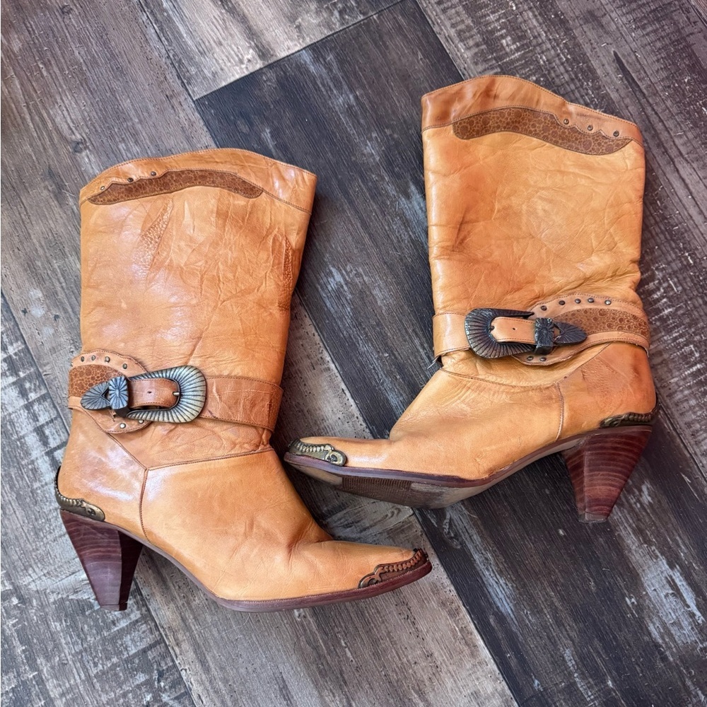 Rush Hour Vtg Tan Leather Heeled Boots Sz 6
